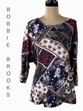 Bobbie Brooks Navy & Burgundy Patchwork Floral Scoop Neck Top, 3X